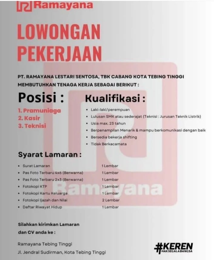 Lowongan Kerja Pt Ramayana Lestari Sentosa Tbk Tebing Tinggi Oktober