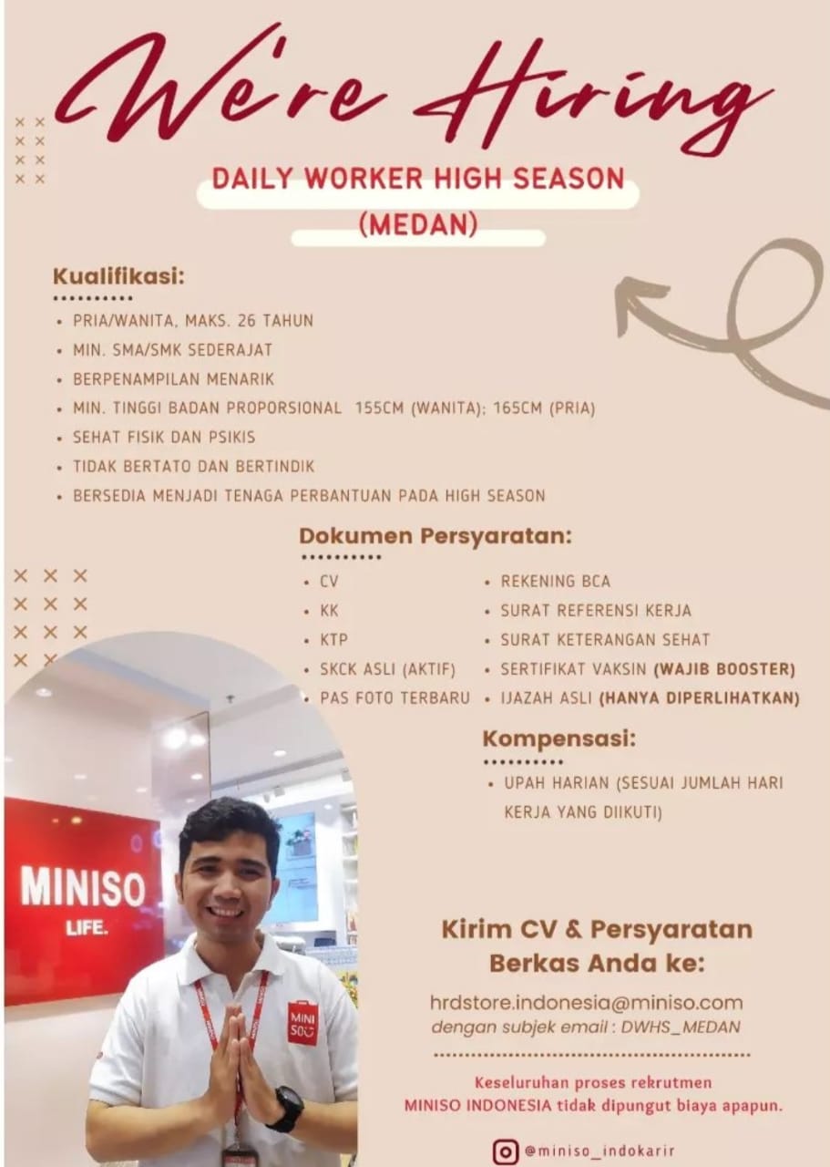 Lowongan Kerja SMA SMK Medan November Miniso - Loker Medan - Lowongan ...