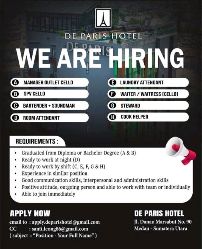 Lowongan Kerja Medan Di De Paris Hotel September Loker Medan Lowongan Kerja Medan