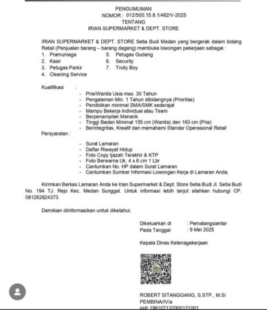 Lowongan Kerja Medan di Irian Supermarket Mei 2025