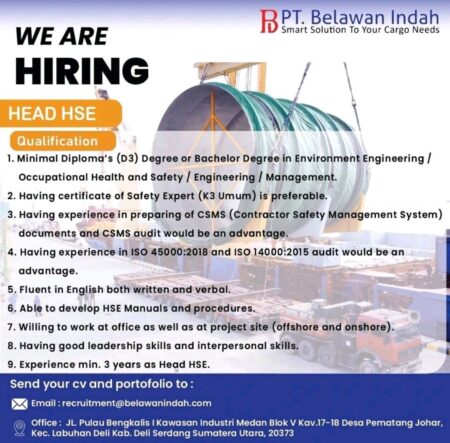 Lowongan Kerja PT Belawan Indah: Head HSE (Health, Safety, Environment)