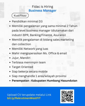 Lowongan Kerja Medan Agustus 2025 - Business Manager di Fidac (Sumatera Utara)